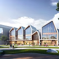 Modern School Building With Gabled Roofs Large Glass Windows Green Lawn Trees And People Around