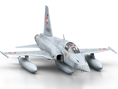 Gray Fighter Jet Model With Swiss Emblem J-3077 Cockpit And Fuel Tanks 3d model
