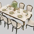 Elegant Dining Table Set With Marble Top Six Carved Chairs And Tabletop Decorations 3d model