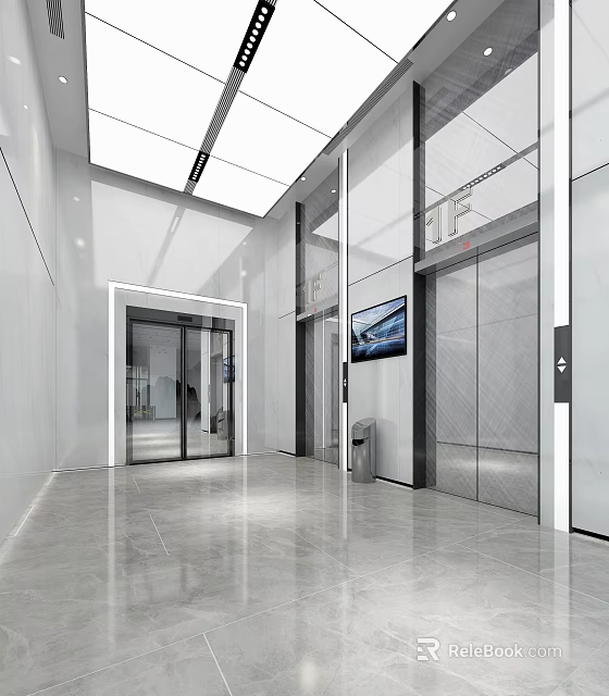 Modern Elevator Corridor With Glass Doors And Ceiling Lights 3d model