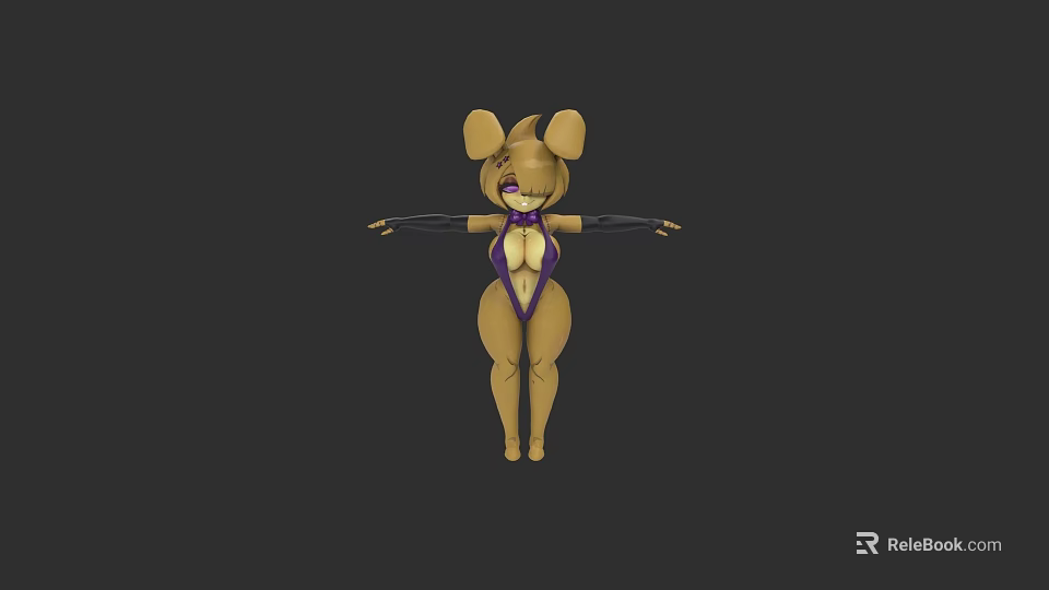 3D Model Character With Yellow Body Big Ears Purple Outfit And Stretched Arms 3d model 