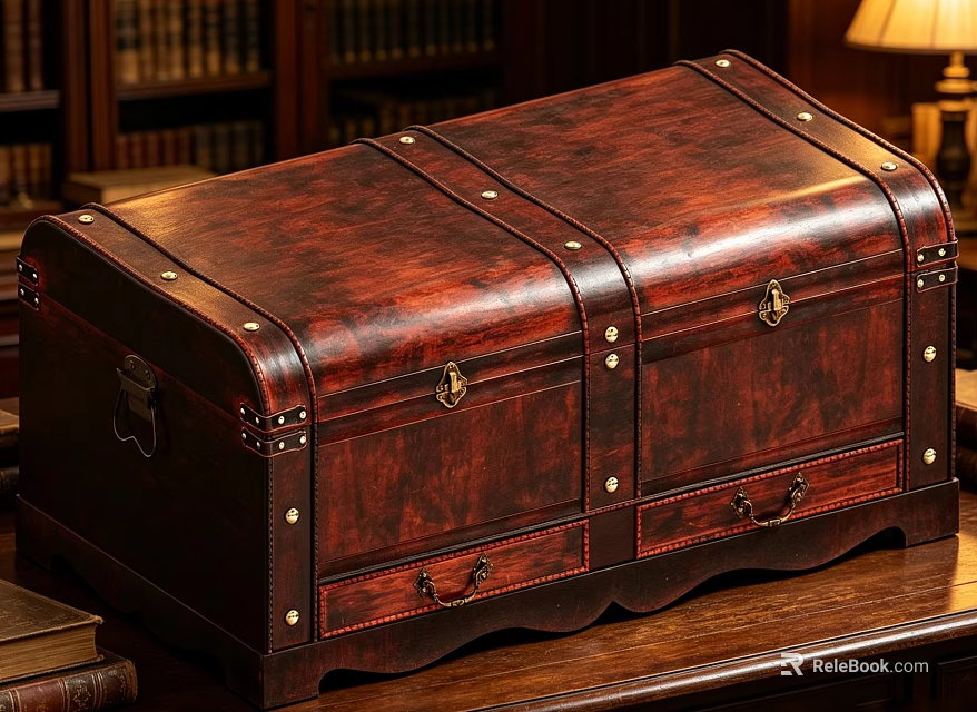 Vintage Wooden Trunk With Leather Accents Metal Rivets And Latches On Wooden Surface 3d model 