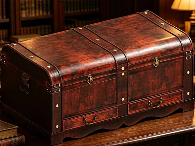 Vintage Wooden Trunk With Leather Accents Metal Rivets And Latches On Wooden Surface 3d model