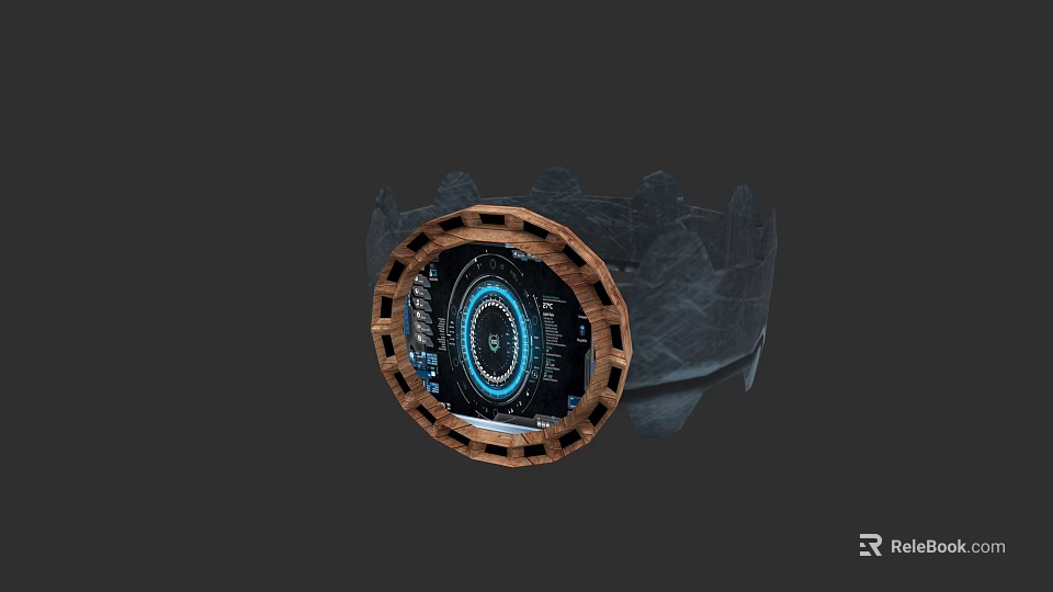 Circular Clock with Wooden Frame and Blue Glowing Numbers on Gray Mechanical Structure Background 3d model