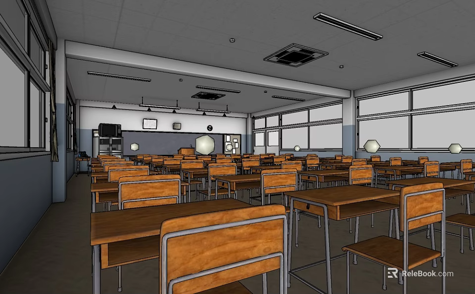 School Classroom Interior With Wooden Desks Chairs And Large Windows 3d model 