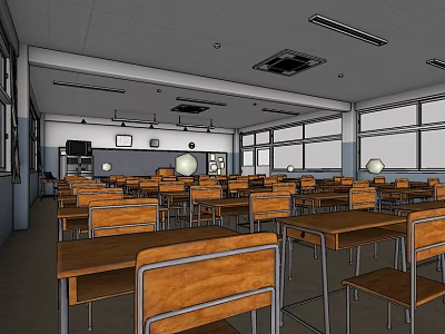 School Classroom Interior With Wooden Desks Chairs And Large Windows 3d model