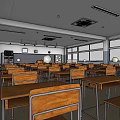 School Classroom Interior With Wooden Desks Chairs And Large Windows