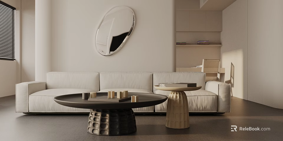 Modern White Three Seater Sofa With Black Round Coffee Table Oval Mirror And Side Table 3d model