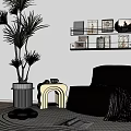 Leisure Chair with Striped Blanket Palm Tree Shelf Rug and Sunlight Shadows in Modern Room