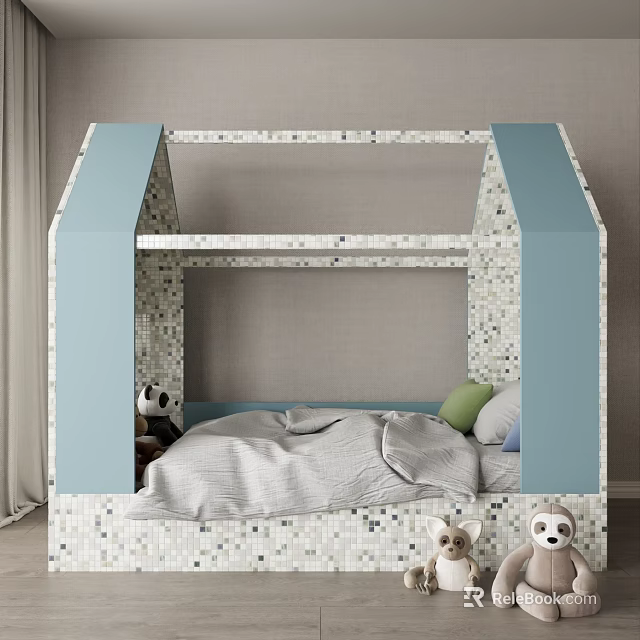 House Shaped Kids Bed with Blue White Mosaic Gray Bedding Green Blue Pillows Stuffed Toys 3d model 