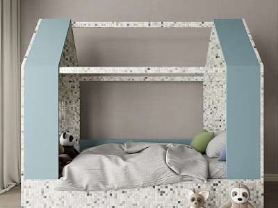 House Shaped Kids Bed with Blue White Mosaic Gray Bedding Green Blue Pillows Stuffed Toys 3d model