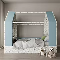 House Shaped Kids Bed with Blue White Mosaic Gray Bedding Green Blue Pillows Stuffed Toys