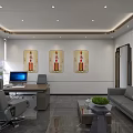 Elegant Store Front Desk With Long Table Chairs Decorative Shelves Large Screen And Window View