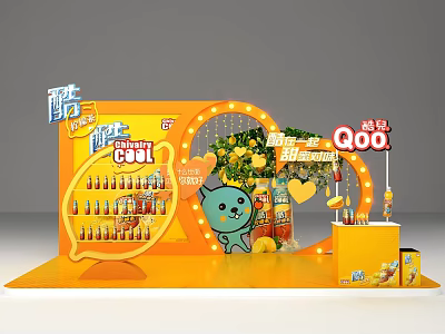 Qoo Brand Exhibition Booth With Orange Theme Cartoon Character And Products 3d model