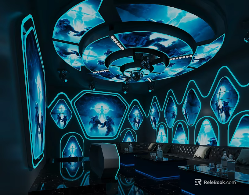 Modern KTV Interior With Blue Lighting Circular Ceiling Light Hexagonal Wall Decor Sofa And Bar 3d model