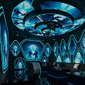 Modern KTV Interior With Blue Lighting Circular Ceiling Light Hexagonal Wall Decor Sofa And Bar