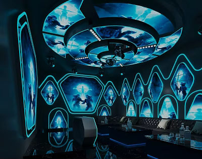 Modern KTV Interior With Blue Lighting Circular Ceiling Light Hexagonal Wall Decor Sofa And Bar 3d model