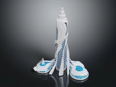 Cartoon Scene Featuring White Bottle With Blue Grid Pattern And Blue Designed Slipper Like Items 3d model