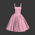 Fashionable Pink Checkered Women's Dress With Spaghetti Straps Belt And Pleated Skirt