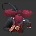 Demon Character In Professional Attire With Red Long Hair Horns Tail Three Views