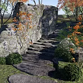 Traditional Garden Landscape With Stone Steps Orange Leaf Trees Green Bushes And Natural Rocks