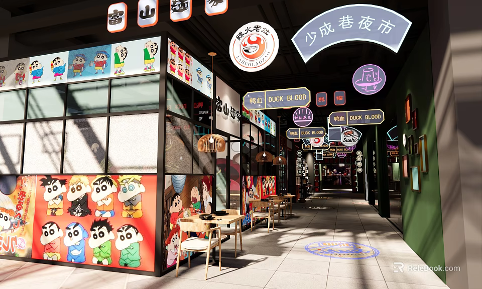 Vibrant Night Market Restaurant with Neon Signs Cartoon Panda Decorations and Outdoor Seating 3d model 