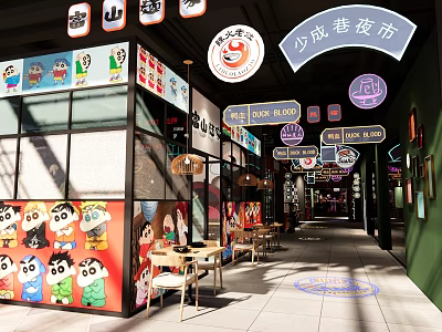 Vibrant Night Market Restaurant with Neon Signs Cartoon Panda Decorations and Outdoor Seating 3d model