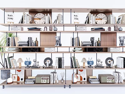 Modern Bookshelf Interior Display with Books Decorative Items Clock Table Lamp Radio and Photo Frames 3d model