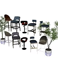 Modern Stylish Bar Stools In Various Designs With Potted Plants 3d model