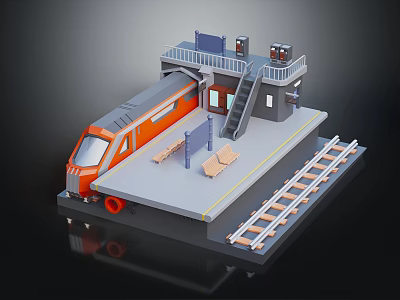 Miniature Train Station Platform With Railway Tracks Benches Stairs And Building 3d model