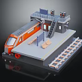 Miniature Train Station Platform With Railway Tracks Benches Stairs And Building
