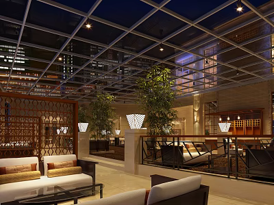 Modern Restaurant With Glass Roof Night View Warm Lighting And Indoor Plants 3d model