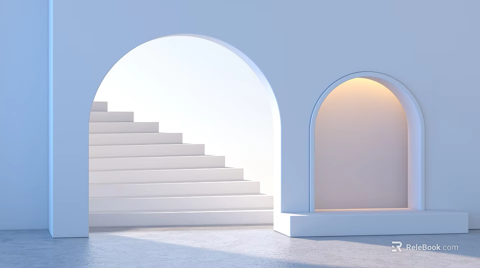 Minimalist Modern Landscape Sculpture With White Arch Structure And Stairs Under Bright Natural Light 3d model 