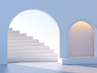 Minimalist Modern Landscape Sculpture With White Arch Structure And Stairs Under Bright Natural Light 3d model