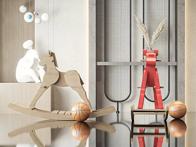 Red Children's Chair With Wooden Rocking Horse And Basketballs In Indoor Play Space 3d model