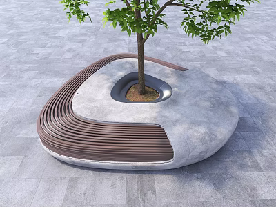 Modern Garden Landscape Design with Curved Wooden Bench Concrete Structure and Central Tree 3d model