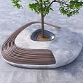 Modern Garden Landscape Design with Curved Wooden Bench Concrete Structure and Central Tree