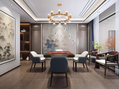 Hotel Mahjong Room With Chinese Style Landscape Painting Crane Chandelier Wooden Flooring Tables And Chairs 3d model