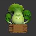 Cute Green Leafy Vegetable With A Face And Curly Leaves Placed In Orange Block Container