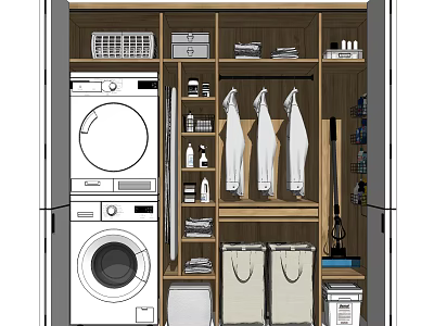 Bathroom Cabinet Rack With Washing Machine Dryer Clothes Hanging Area Storage Baskets And Cleaning Supplies 3d model