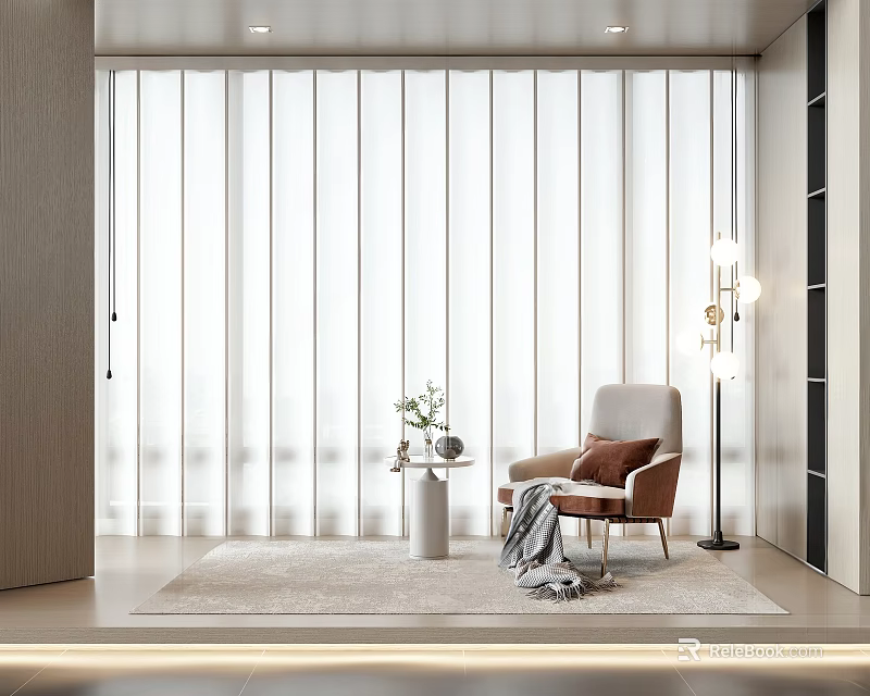 White Vertical Striped Sheer Curtains In Interior With Armchair Side Table Floor Lamp And Rug 3d model 