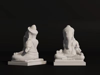 Carved White Seated Deity Sculptures With Smooth Surface And Square Pedestals Against Black Background 3d model