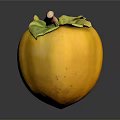 Ripe Yellow Persimmon With Green Leaves And Brown Stem On Dark Background
