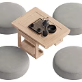 Wooden Tea Table with Gray Round Stools and Tea Set on Top 3d model