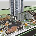 Vibrant Commercial Street With High Rise Towers And Low Rise Shops Featuring Mixed Styles