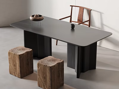 Minimalist Black Tea Table With Solid Wood Stools And Ceramic Teacup 3d model