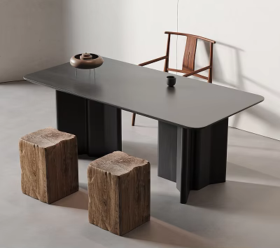 Minimalist Black Tea Table With Solid Wood Stools And Ceramic Teacup 3d model