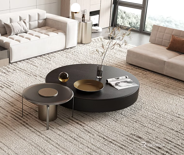 Modern Black Round Coffee Table With Metal Side Table Tray Vase And Magazines 3d model 