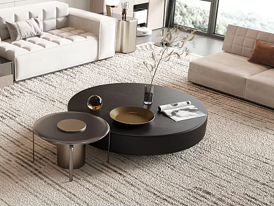Modern Black Round Coffee Table With Metal Side Table Tray Vase And Magazines 3d model