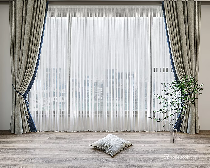 Soft Fabric Curtains With Sheer Liner And Tiebacks For Modern Living Room Window 3d model 
